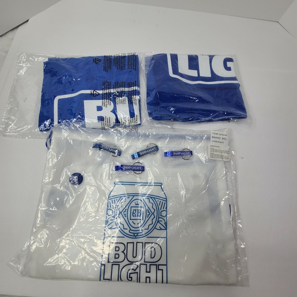 Bud Light Beer Party Pack: drawstring backpack 2 rally towel 4 bottle opener key